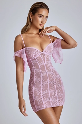Sheer Lace A-Line Mini Dress in Baby Pink Dresses - wrap dresses discount