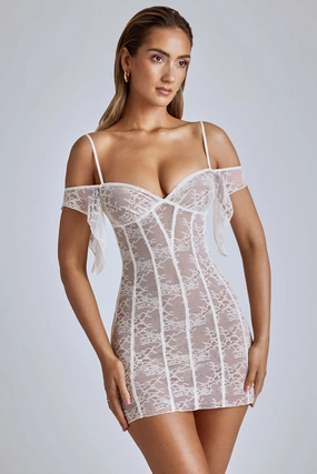 Sheer Lace A-Line Mini Dress in Ivory Dresses - midi dresses clearance