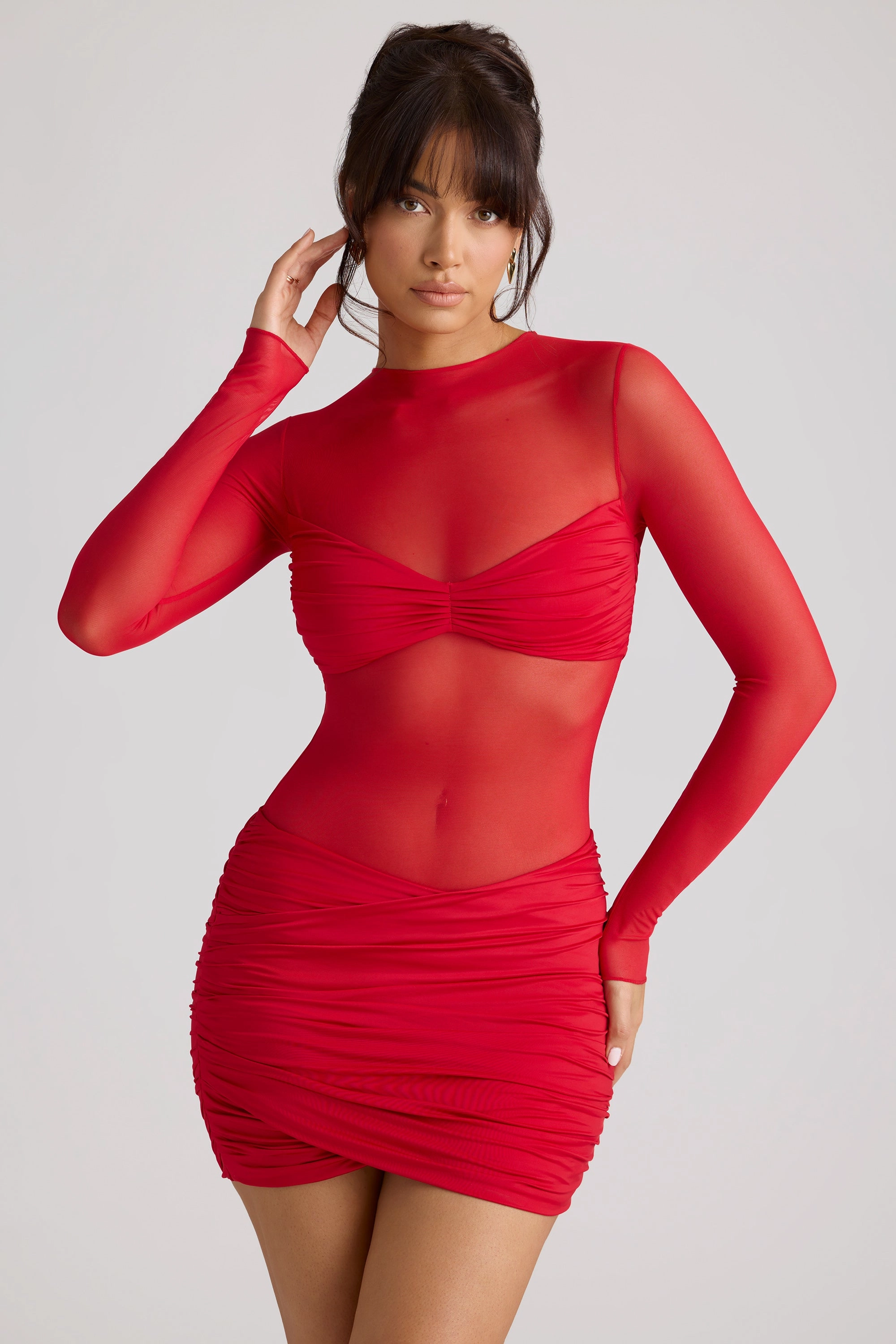 Sheer Panelled Long Sleeve Mini Dress in Fire Red Dresses - wrap dresses discount