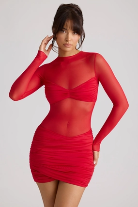Sheer Panelled Long Sleeve Mini Dress in Fire Red Dresses - wrap dresses discount