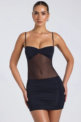 Sheer Panelled Ruched Mini Dress in Black Dresses - wrap dresses discount