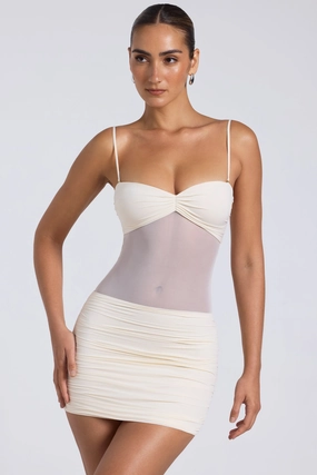 Sheer Panelled Ruched Mini Dress in Ivory Dresses - lace dresses best price