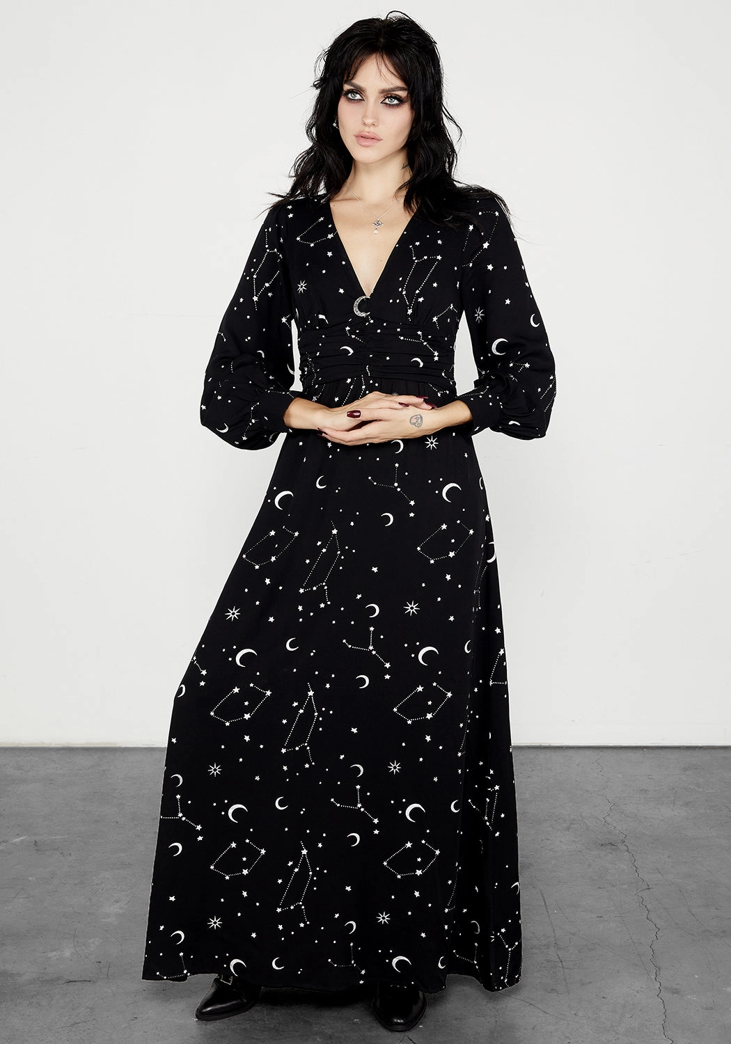 Silver Celestial Print Gathered Maxi Dress Dresses Womens - beach dresses cheap
