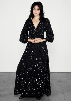 Silver Celestial Print Gathered Maxi Dress Dresses Womens - summer dresses discount