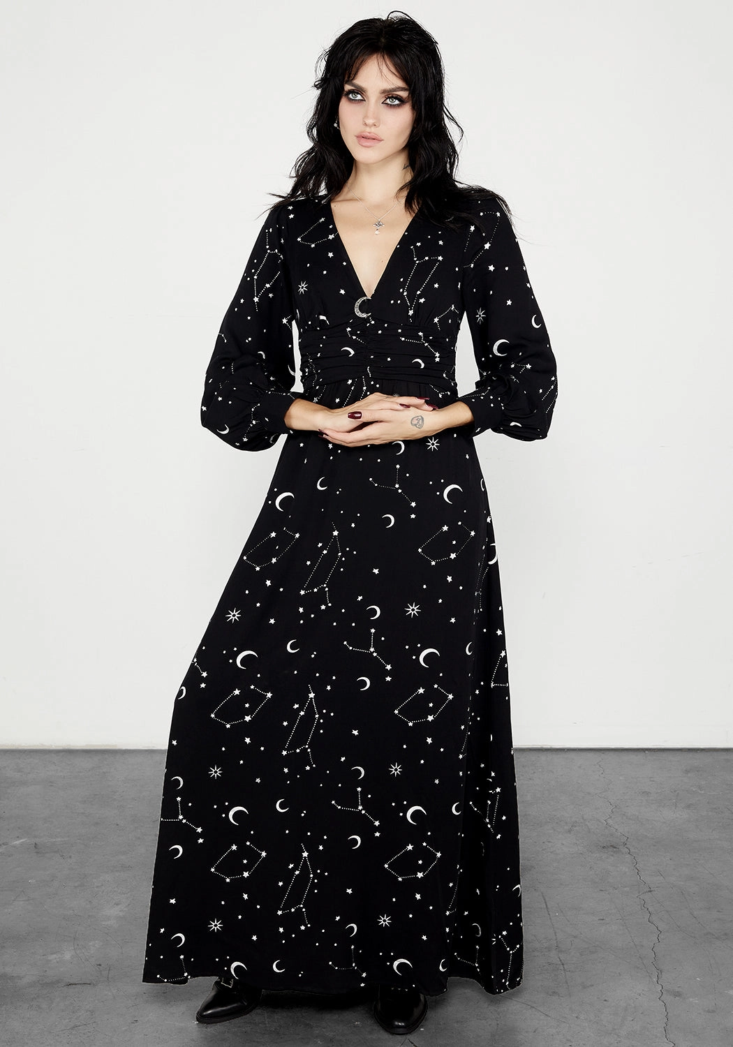 Silver Celestial Print Gathered Maxi Dress Dresses Womens - summer dresses discount