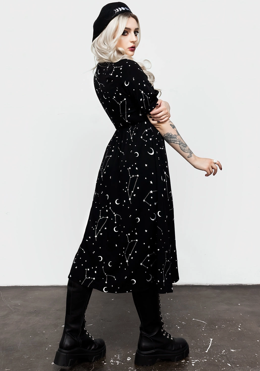 Silver Celestial Print Sweetheart Midi Dress