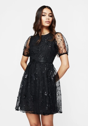 Sirius Sequined Puff Sleeve Mini Dress Dresses Womens - beach dresses cheap