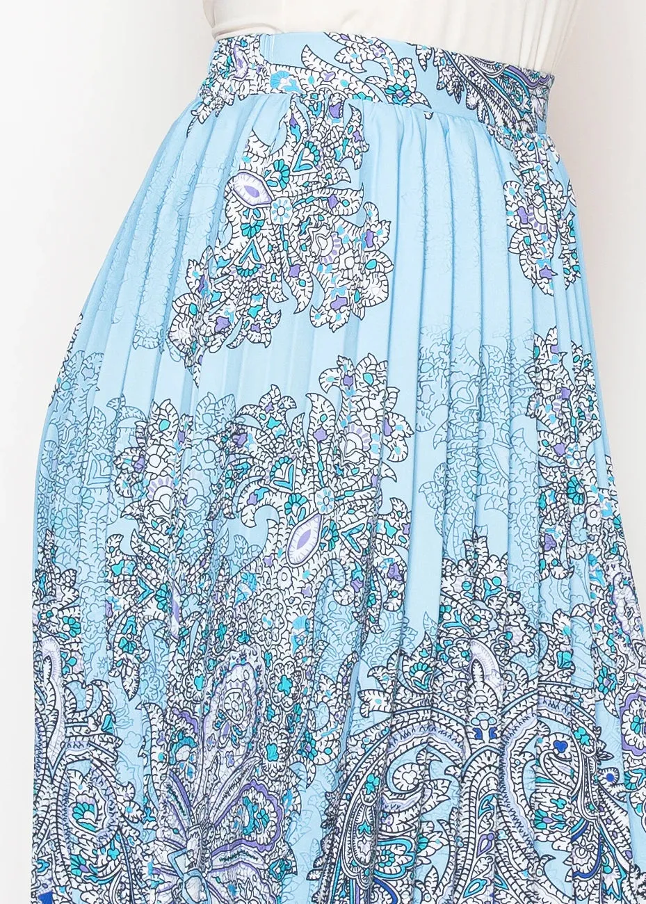 Sky Blue Ornamental Pleated Skirt