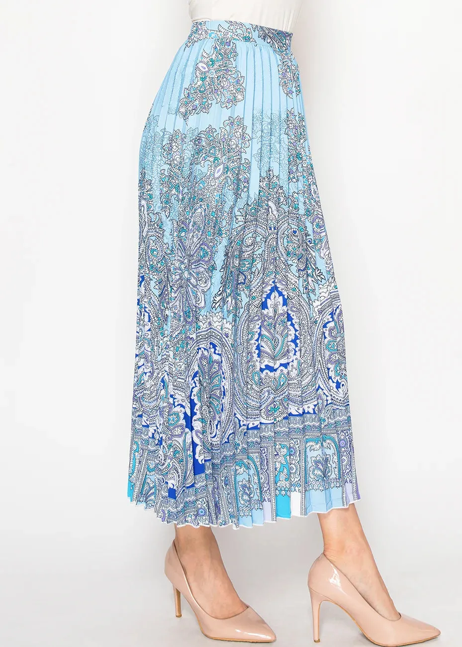 Sky Blue Ornamental Pleated Skirt
