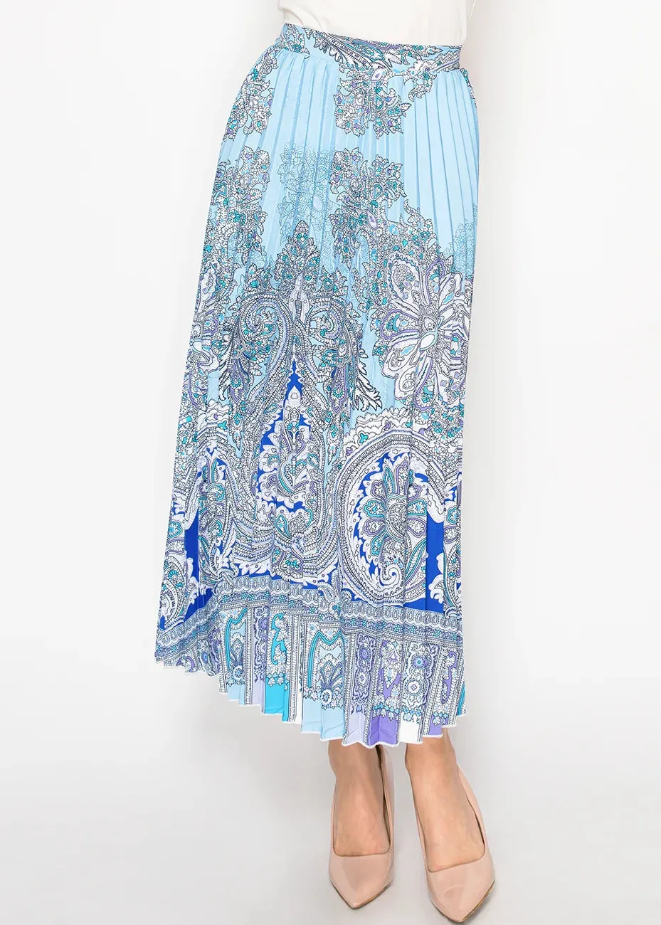 Sky Blue Ornamental Pleated Skirt