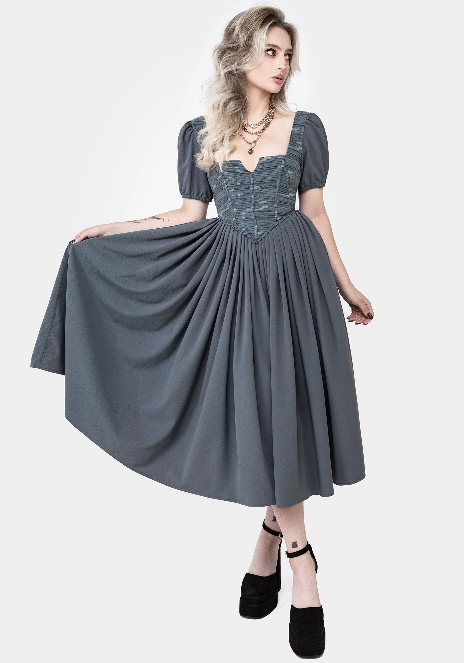 Slain Puff Sleeve Corset Midi Dress