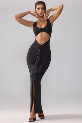 Slinky Jersey Cut Out Ruffle Racerback Maxi Dress in Black Dresses - sundresses outlet
