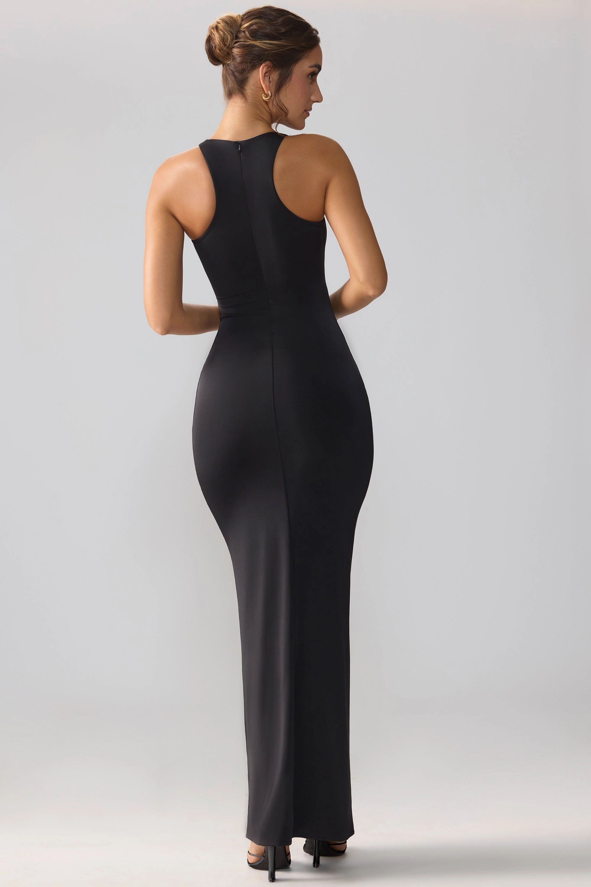 Slinky Jersey Cut Out Ruffle Racerback Maxi Dress in Black
