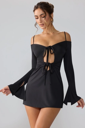 Slinky Jersey Long Sleeve Cut Out Mini Dress in Black Dresses - wrap dresses discount