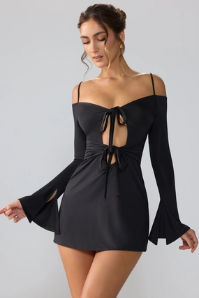 Slinky Jersey Long Sleeve Cut Out Mini Dress in Black Dresses - sundresses outlet