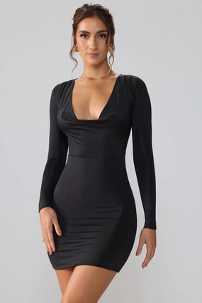 Slinky Jersey Long Sleeve Plunge Neck Mini Dress in Black Dresses - midi dresses clearance