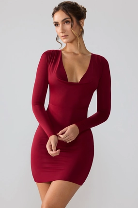 Slinky Jersey Long Sleeve Plunge Neck Mini Dress in Ruby Dresses - wrap dresses discount