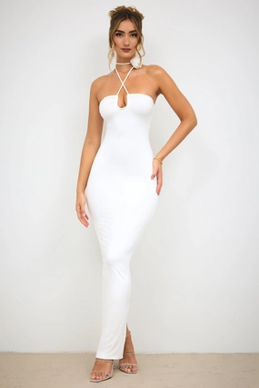 Slinky Jersey Rose Detail Halter Neck Maxi Dress in White Dresses - midi dresses clearance