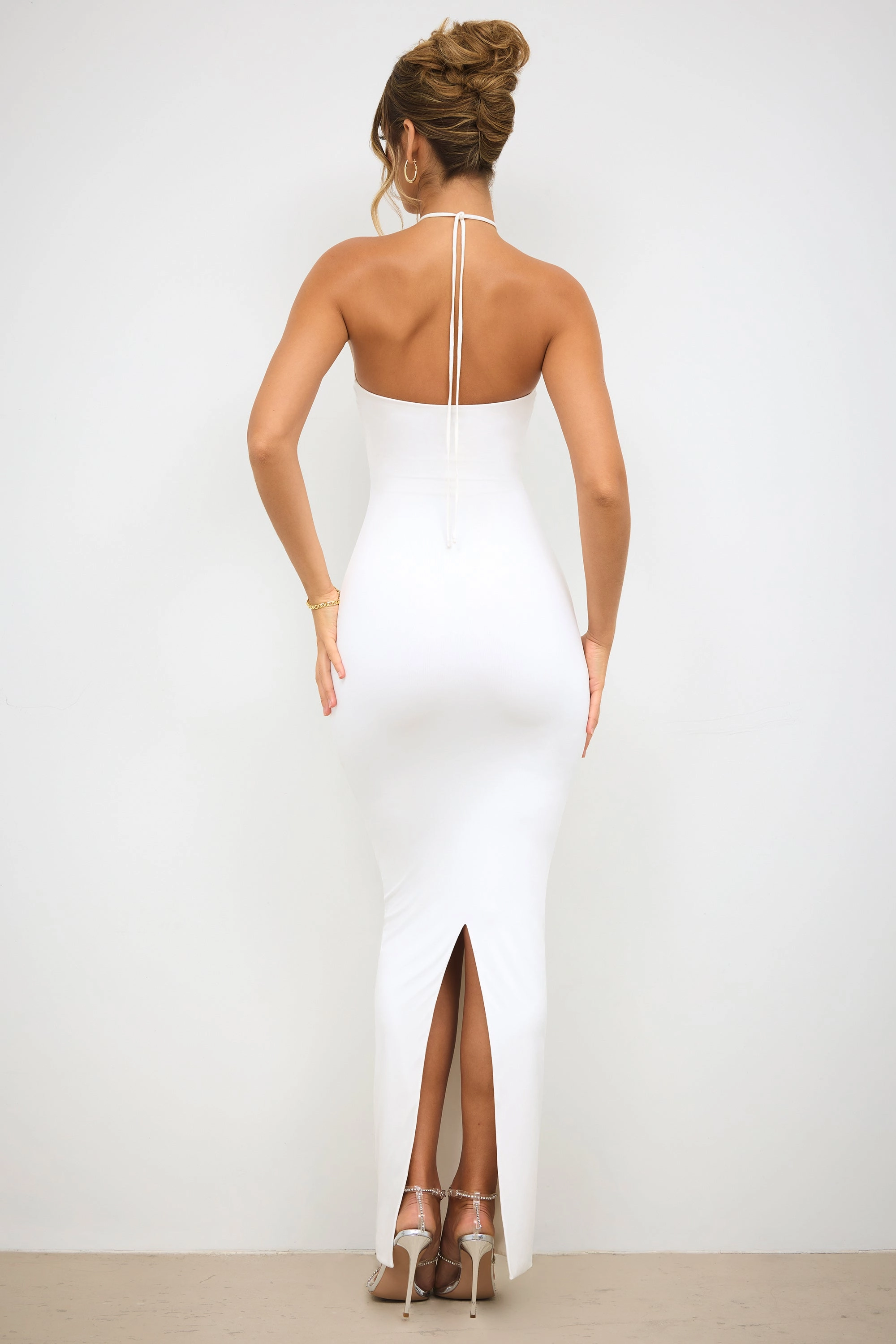 Slinky Jersey Rose Detail Halter Neck Maxi Dress in White