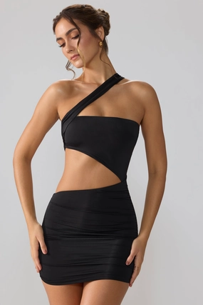 Slinky Jersey Ruched Cut Out Mini Dress in Black Dresses - sundresses outlet