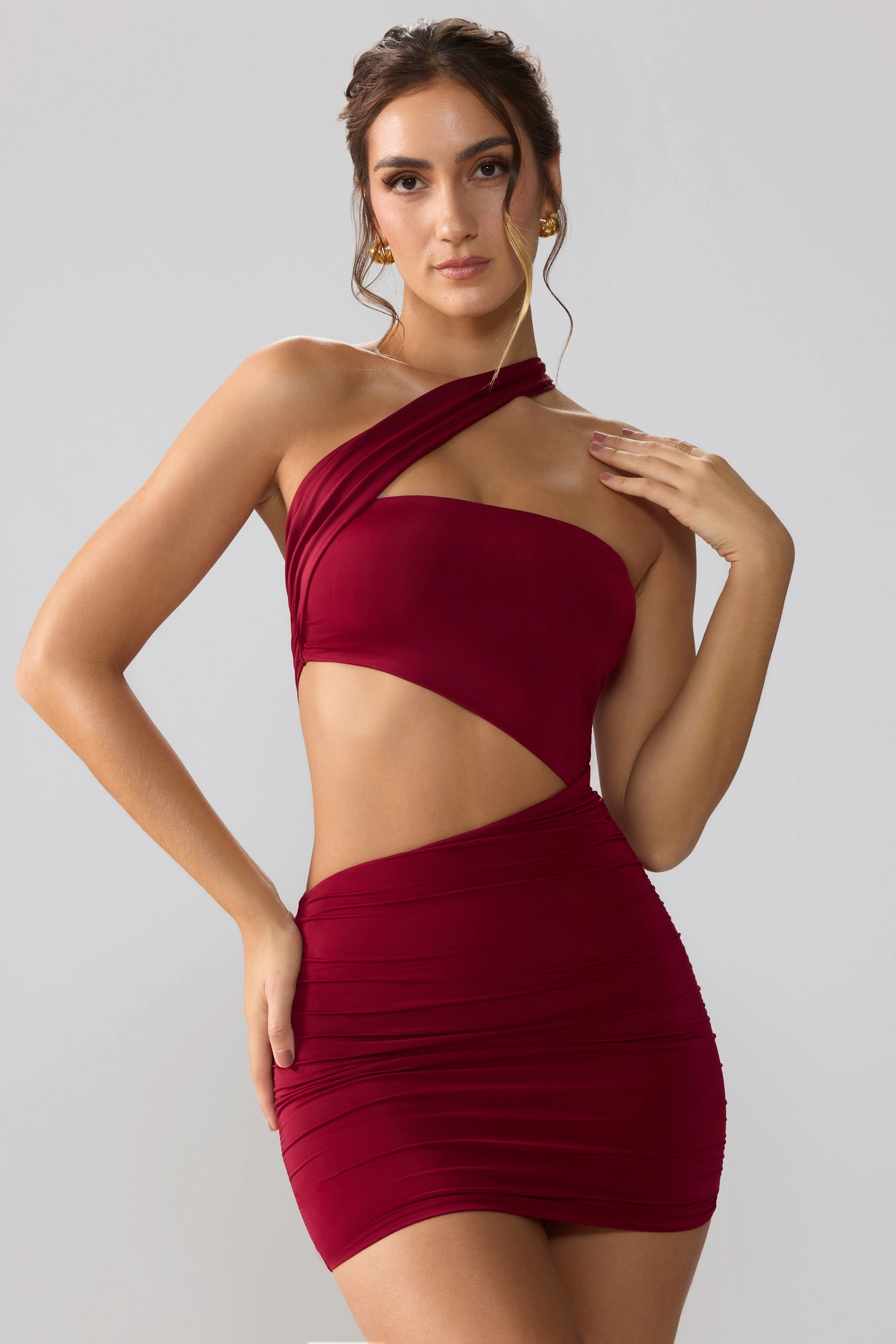 Slinky Jersey Ruched Cut Out Mini Dress in Ruby Dresses - lace dresses best price