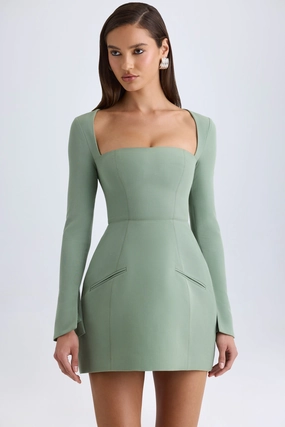 Square-Neck Structured Tulip Mini Dress in Khaki Green Dresses - lace dresses best price