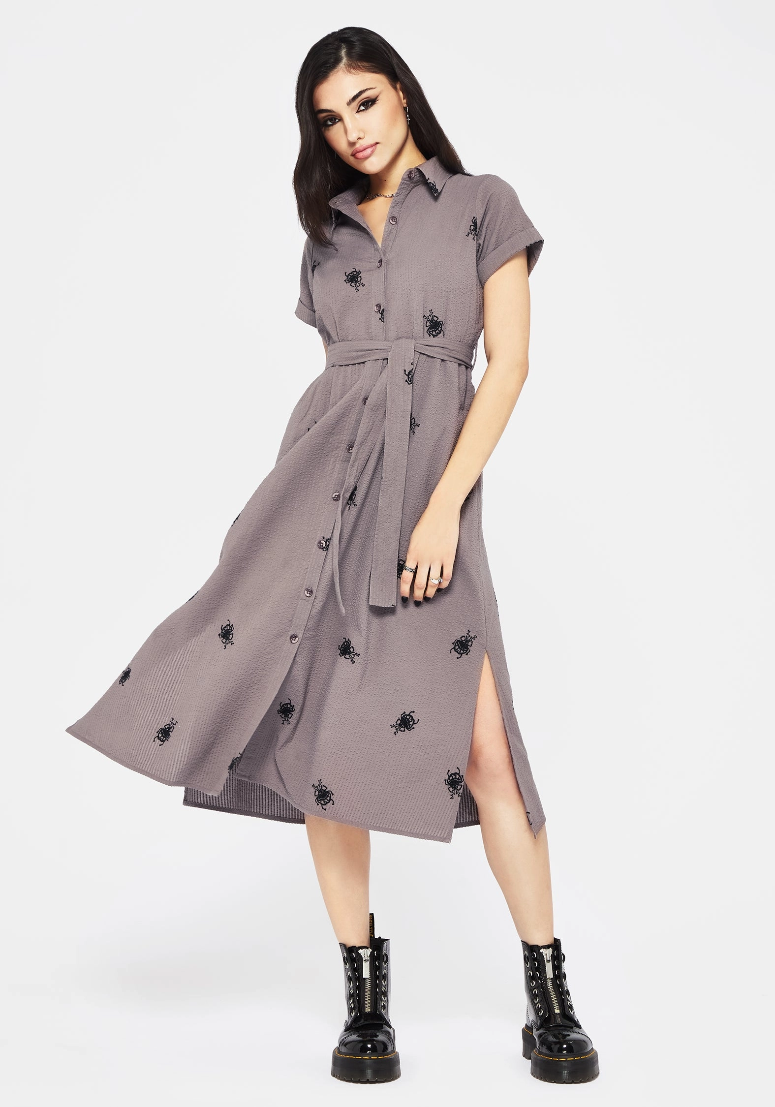 Stag Beetle Embroidered Midi Shirt Dress Dresses Womens - summer dresses discount