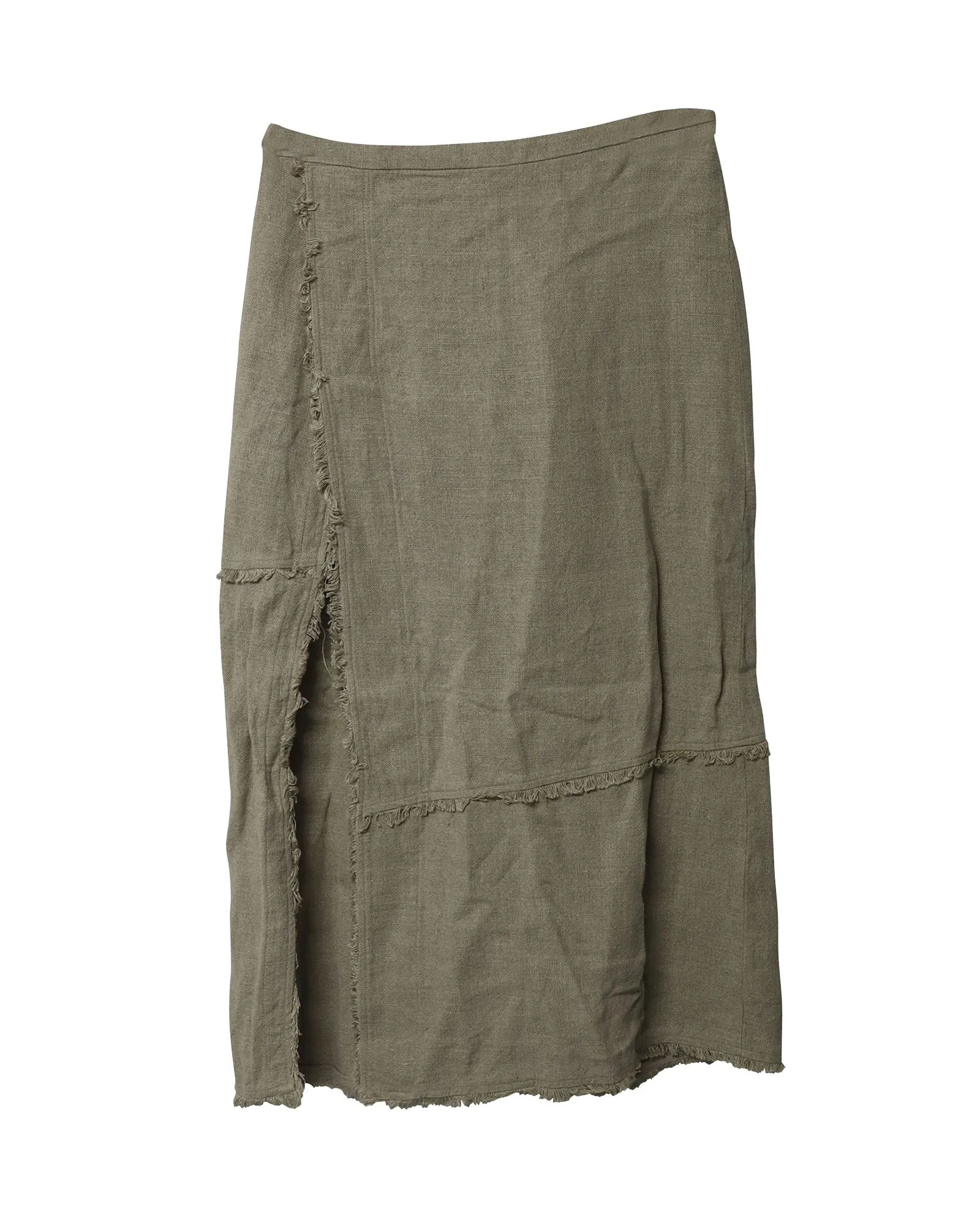 Staud Frayed Midi Skirt in Green Linen