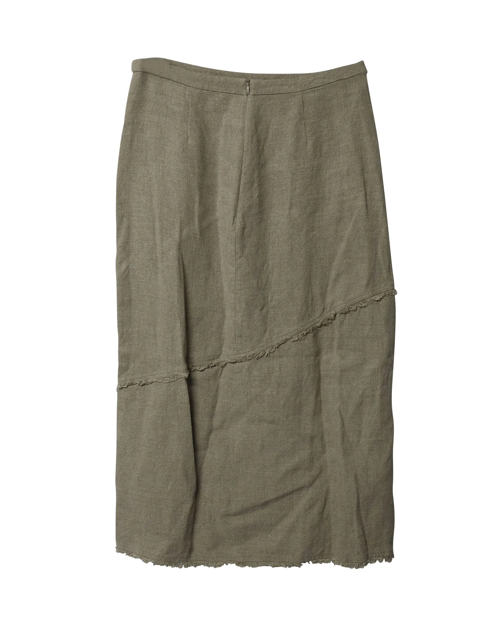 Staud Frayed Midi Skirt in Green Linen