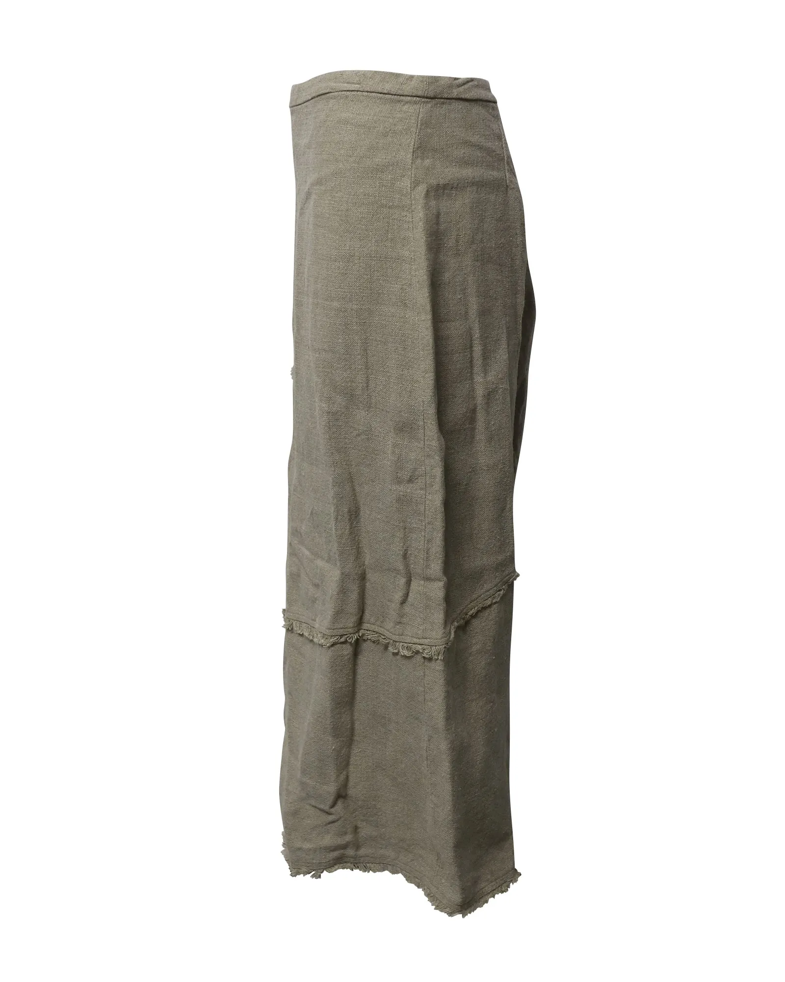 Staud Frayed Midi Skirt in Green Linen