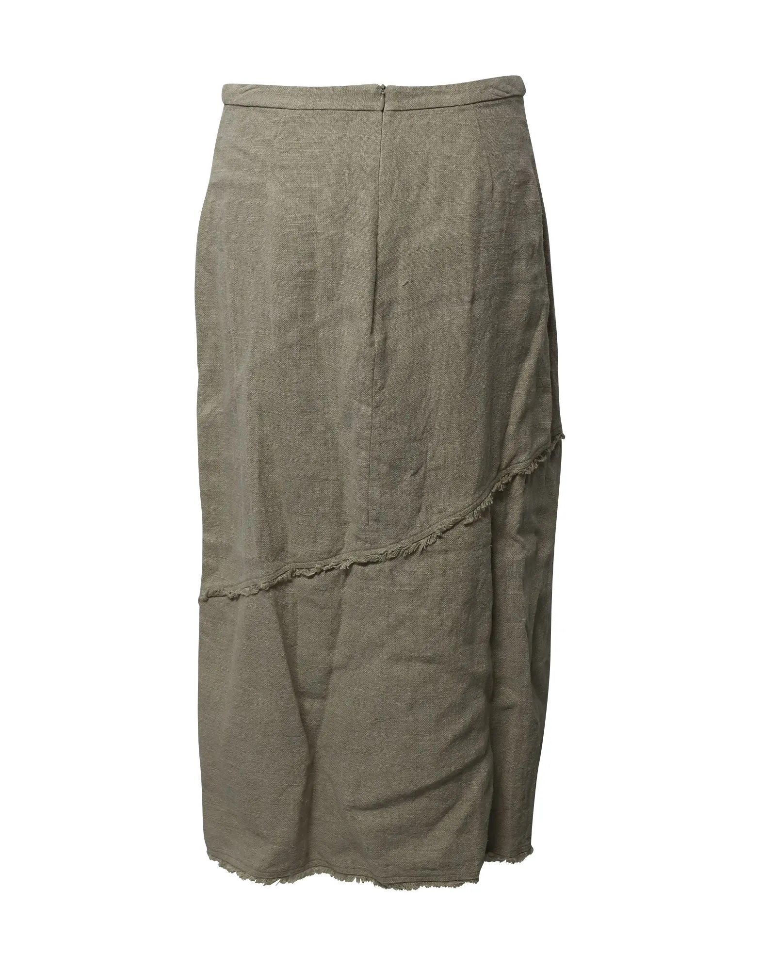 Staud Frayed Midi Skirt in Green Linen