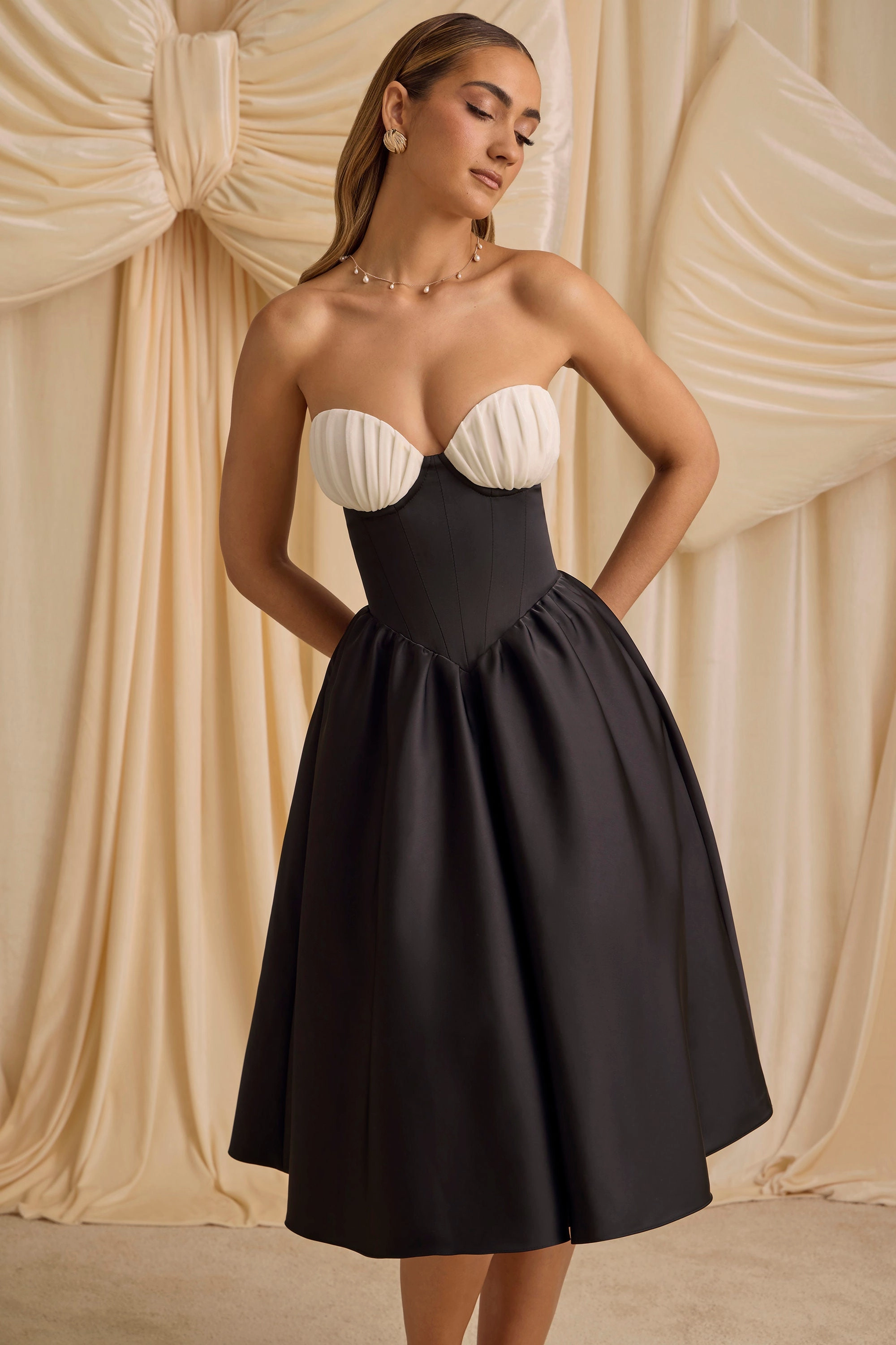 Strapless Corset Midi Dress in Black Dresses - sundresses outlet