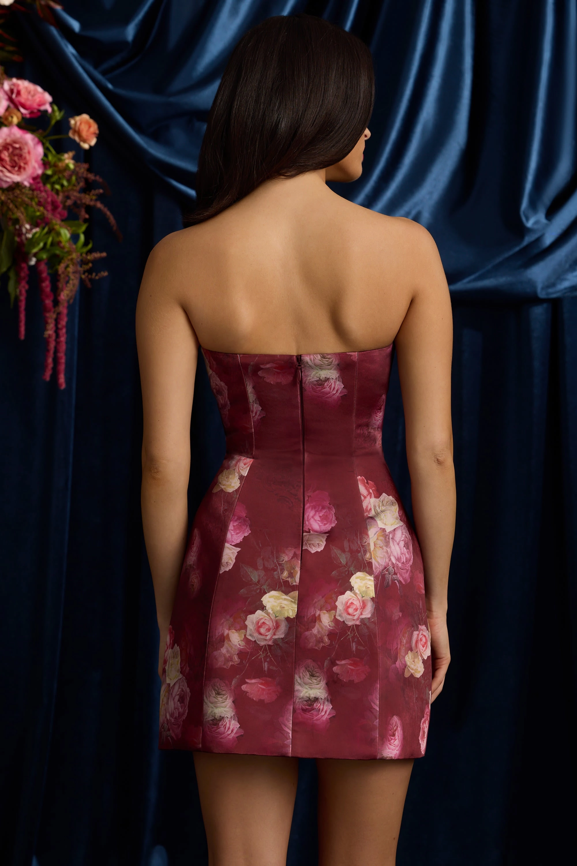 Strapless Structured Tulip Mini Dress in Maroon Floral Print
