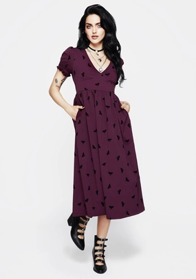 Styx Moth Flocked Velour Print Midi Dress Dresses Womens - wedding guest outfits