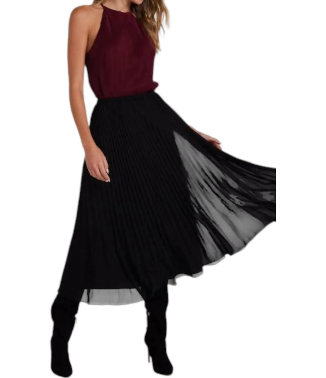 Sunburst Pleated Chiffon Skirt In Black