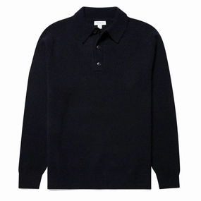 Sunspel Lambswool Polo Shirt Dark Navy Mouline mens t-shirts outlet