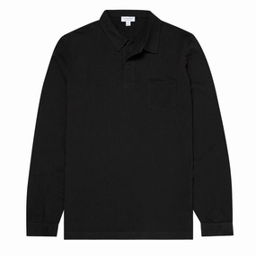 Sunspel Long Sleeve Riviera Polo Black mens t-shirts outlet