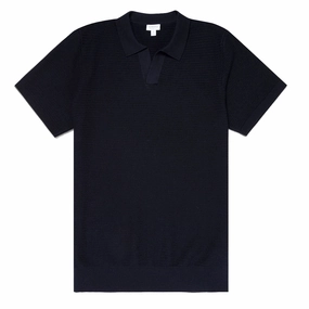 Sunspel Open Textured Polo Shirt Navy mens t-shirts outlet