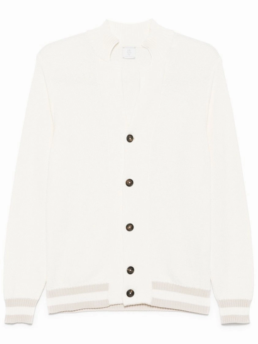 Textured Knit Cardigan With Ribbed Collar And Contrasting Stripes winter sweaters outlet