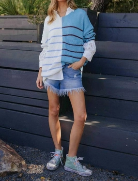 Textured Multi-Color Sweater In White Blue turtleneck sweaters sale