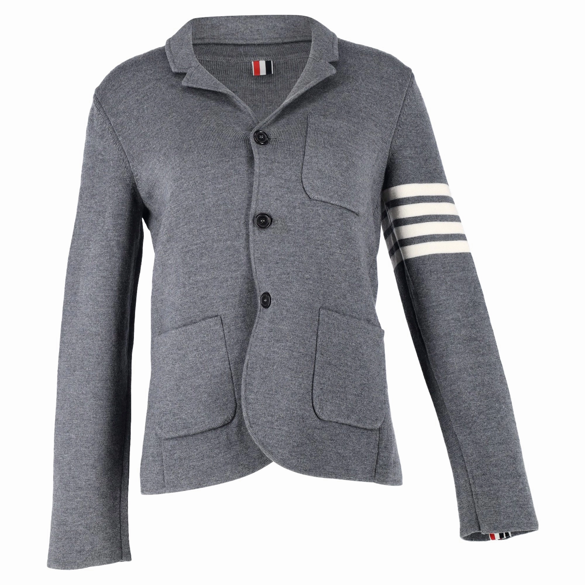 Thom Browne 4-Bar Knit Blazer in Grey Wool knit sweaters cheap