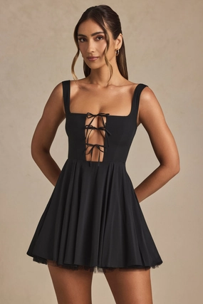Tie-Detail A-Line Micro Mini Dress in Black Dresses - lace dresses best price