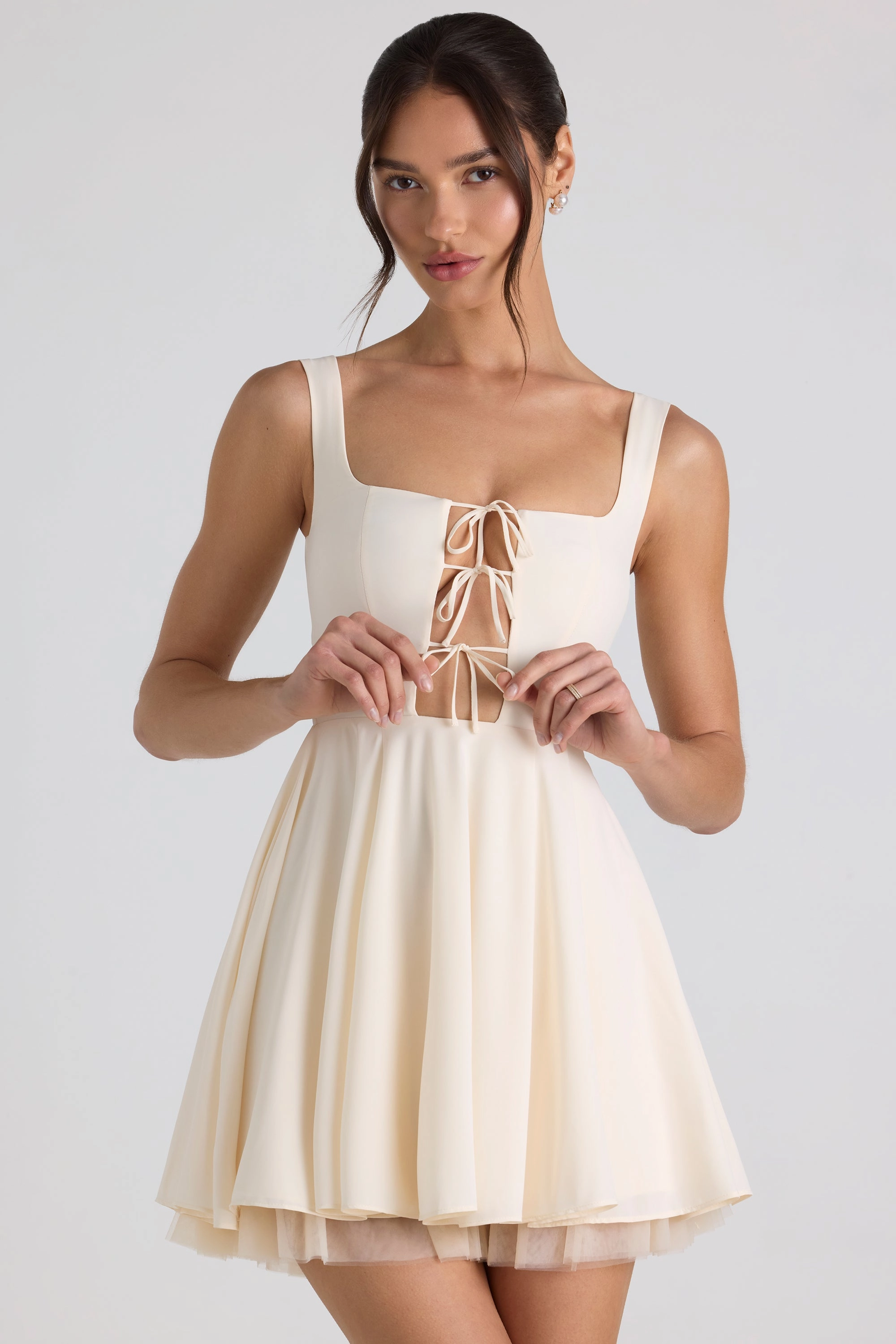 Tie-Detail A-Line Micro Mini Dress in Ivory Dresses - wrap dresses discount