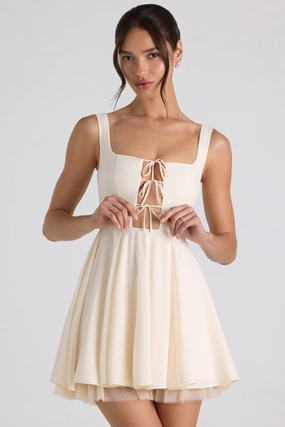 Tie-Detail A-Line Micro Mini Dress in Ivory Dresses - wrap dresses discount