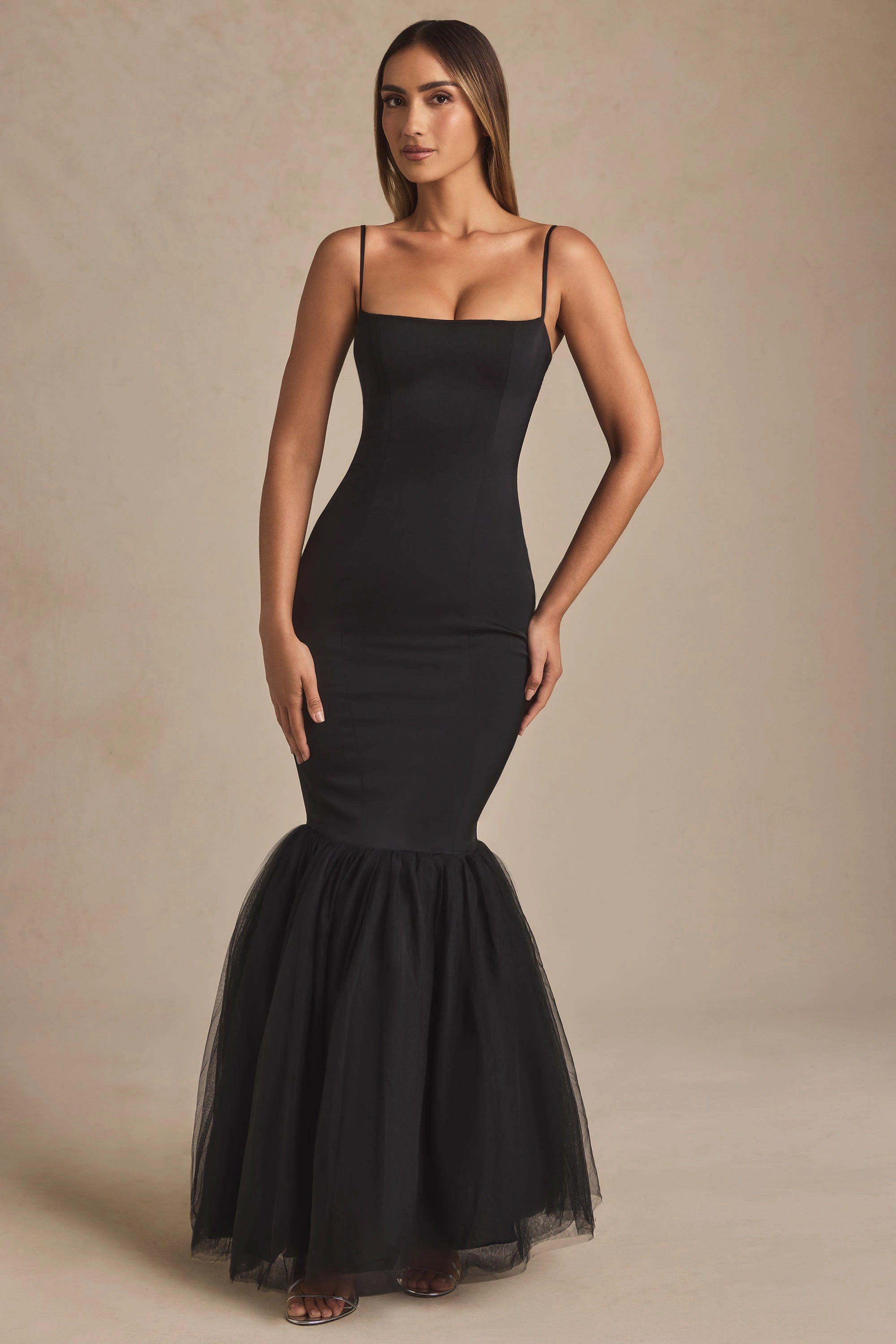 Tulle Hem Fishtail Gown in Black Dresses - sundresses outlet