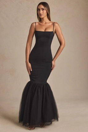 Tulle Hem Fishtail Gown in Black Dresses - sundresses outlet