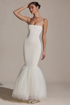Tulle Hem Fishtail Gown in Ivory Dresses - sundresses outlet