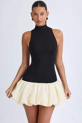 Turtleneck Drop-Waist Bubble Hem Mini Dress in Black Dresses - wrap dresses discount