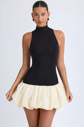 Turtleneck Drop-Waist Bubble Hem Mini Dress in Black Dresses - sundresses outlet