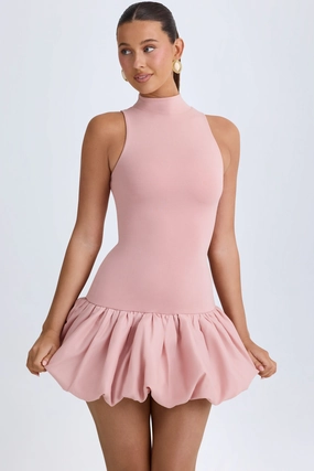 Turtleneck Drop-Waist Bubble Hem Mini Dress in Pink Mauve Dresses - wrap dresses discount